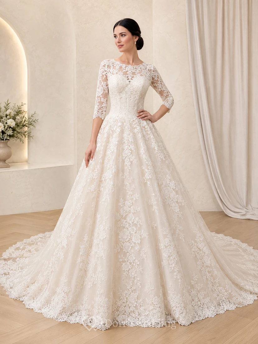 Robe de mariée romantique style bateau, manches trois-quarts en dentelle, coupe chapelle