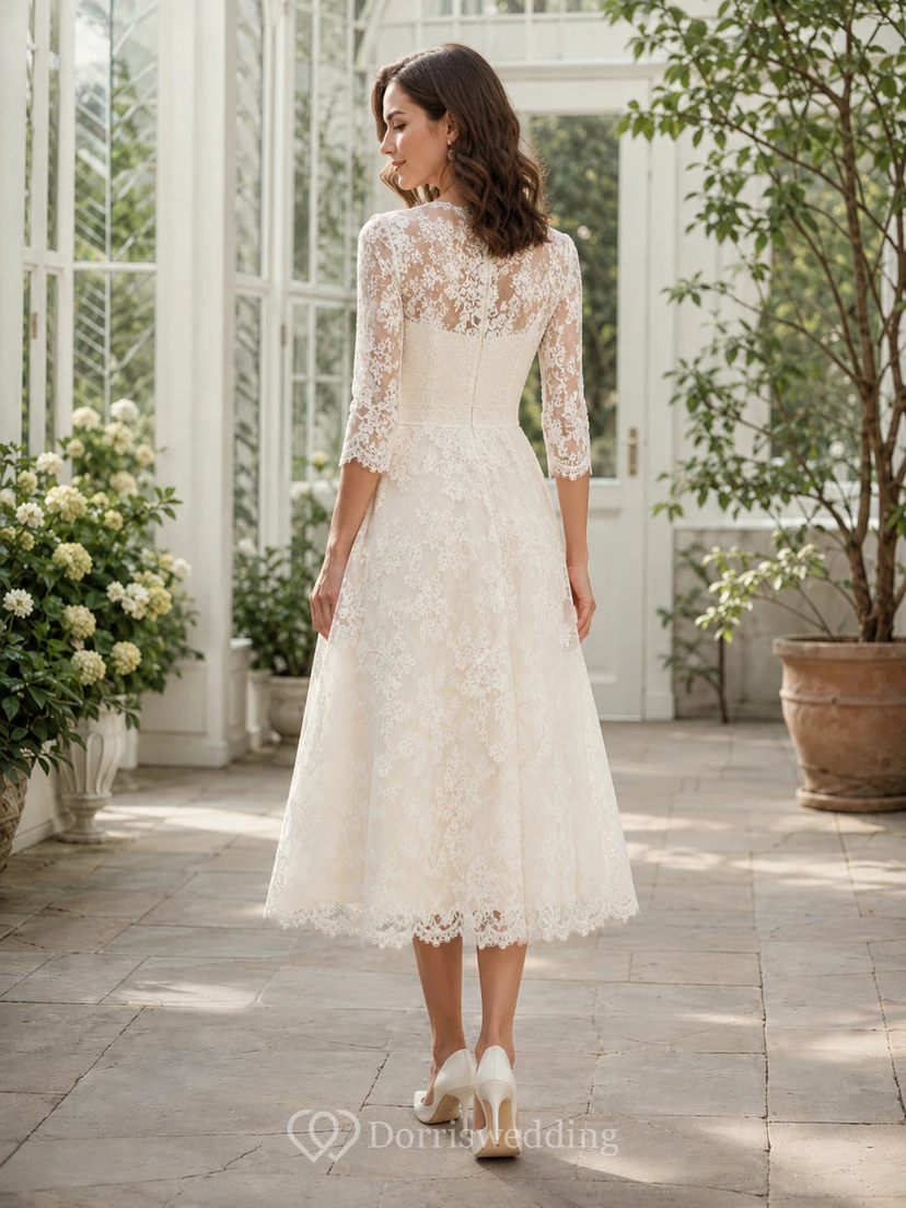 Vintage Civil Lace A Line V Neck Three Quarter Sleeve Tea Wedding Dress view 2