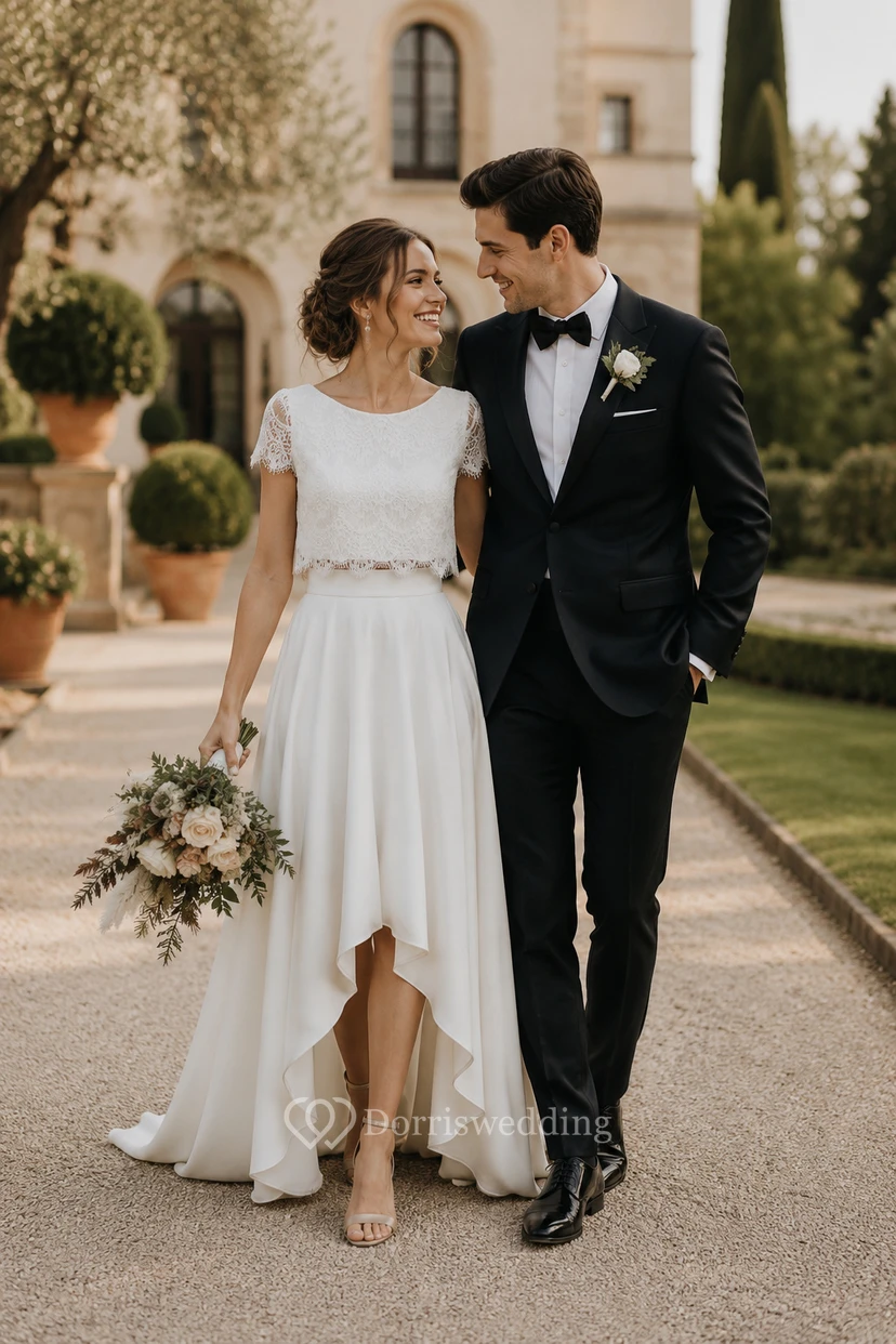 Boho Chic Two-Piece Satin Bridal Set view 5