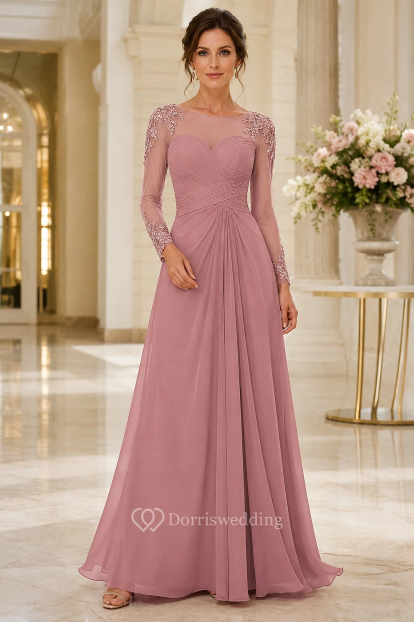 Robe de soirée rose poudré en mousseline de dentelle, coupe trapèze, col rond, manches longues, longueur au sol