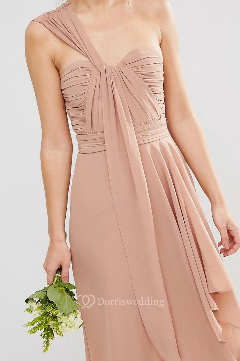 Ärmelloses, asymmetrisches, einseitig gerafftes Chiffon-Brautjungfernkleid in Rosa mit asymmetrischem Saum und One-Shoulder-Ausschnitt view 6