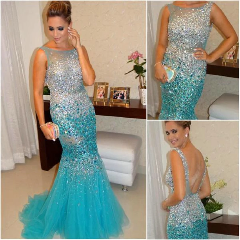 Glamorous Sleeveless Beadings Crystals Prom Dresses Mermaid Tulle Party Gowns view 4