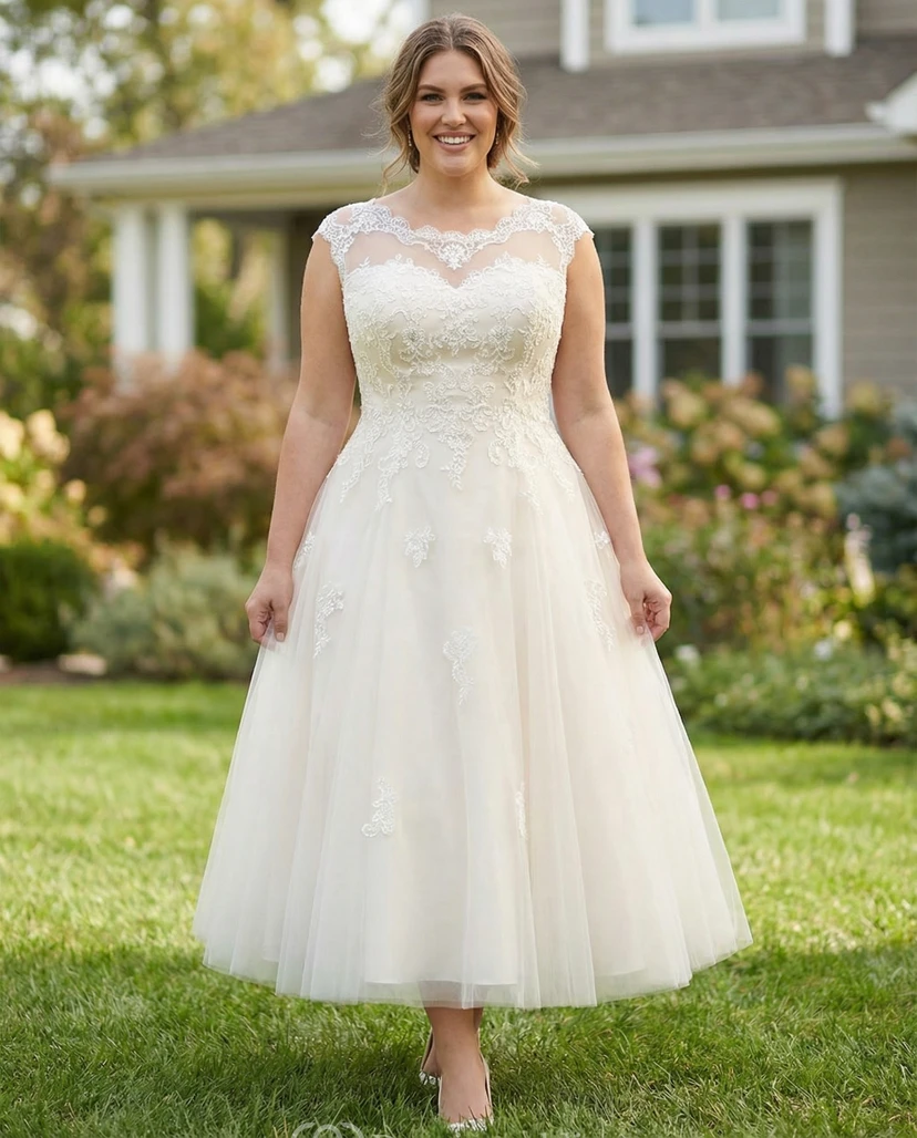 Plus Size Tea-Length Lace & Tulle Wedding Dress