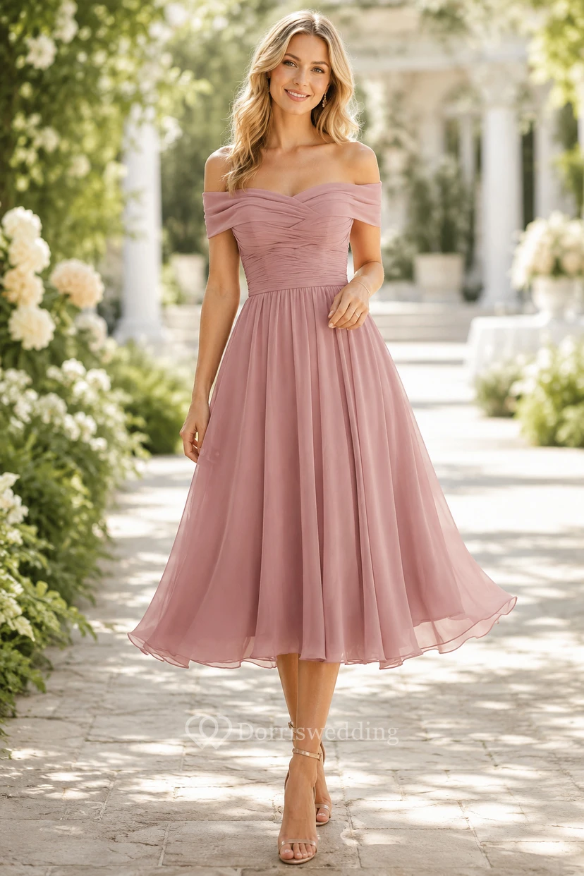 Mauve Off-the-Shoulder Lace Bodice Tea-Length A-Line Dress