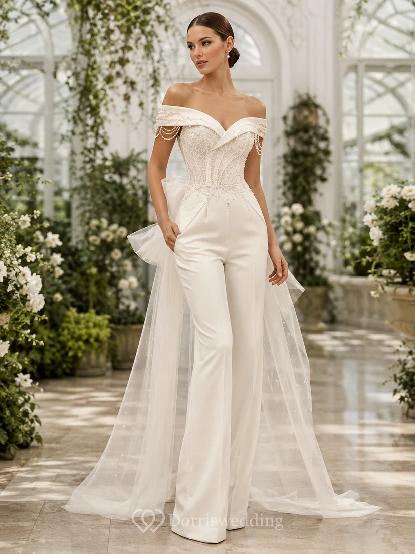Lace Tulle Wedding Jumpsuit Off Shoulder Short Sleeve Sweep Train