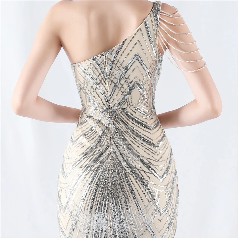 Positioning Flower Beaded Craft Beaded One-Shoulder Oblique Collar High Slit Evening Dress view 70