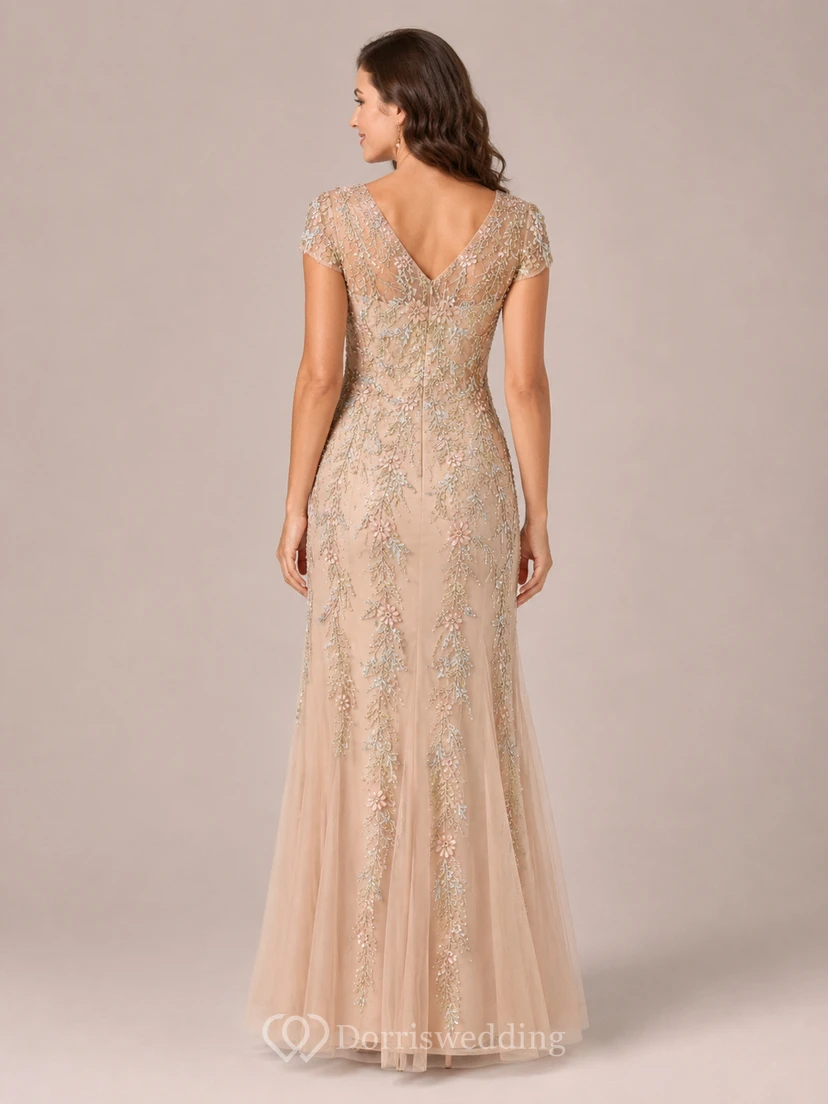 Champagne cap sleeve lace sheath gown with soft tulle hem view 2
