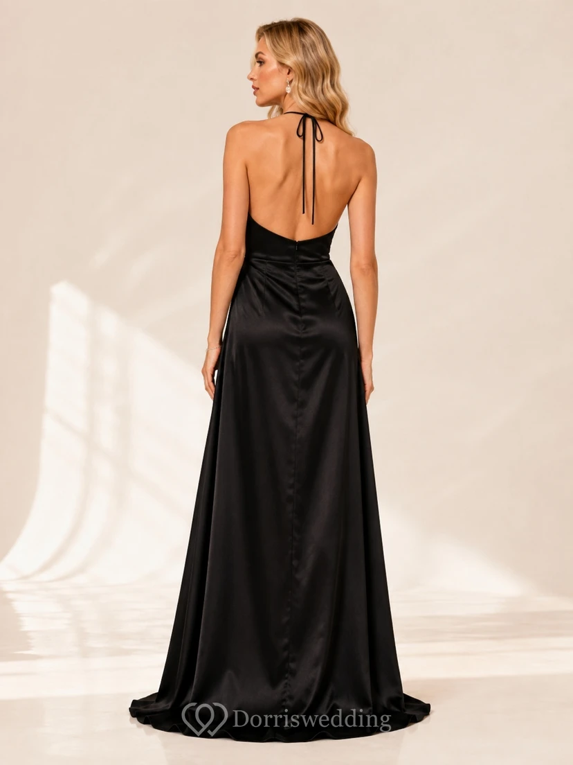 Black Evening Haltered A-Line Halter Satin Sleeveless Floor-length Sexy Dress view 2