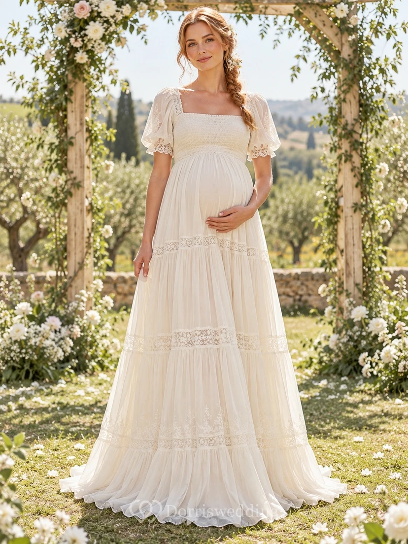 Boho Maternity Square Neck Puff Sleeve Chiffon Wedding Dress
