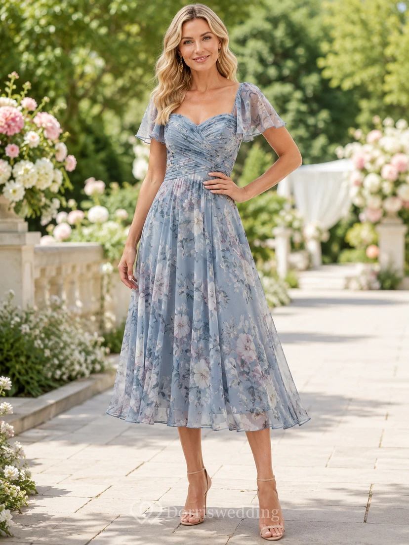 Slate Blue Floral Tea-Length V-Neck Flutter Sleeve Romantic Guest Dress