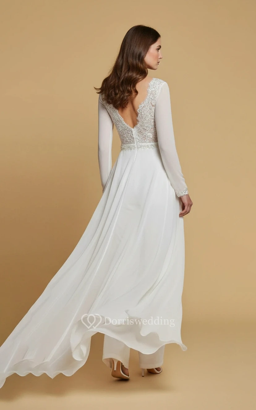 V-Neck Lace Corset Wide Leg Wedding Jumpsuit with Waist Ornament view 2