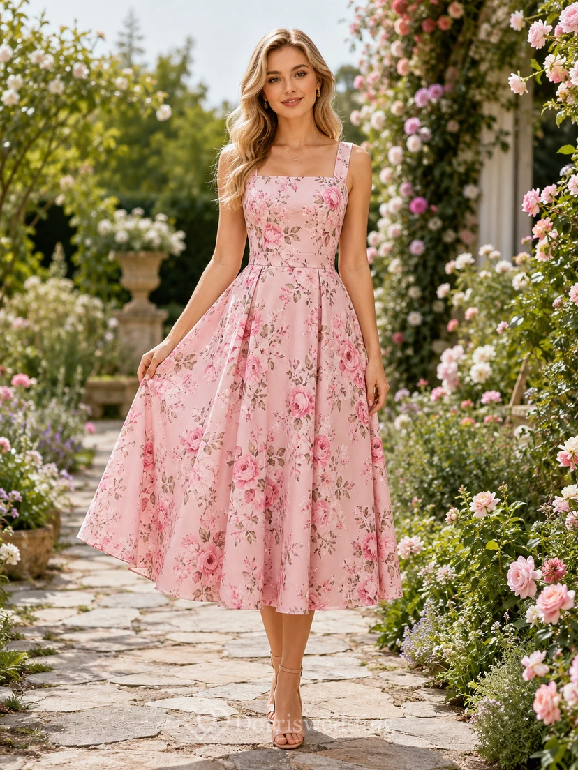 Pink Floral Spaghetti Strap Fit And Flare Midi Dress