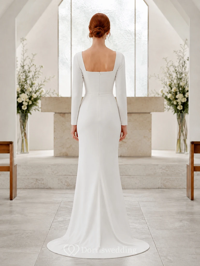 Petite Long Sleeve Bateau Crepe Sheath Wedding Dress view 2