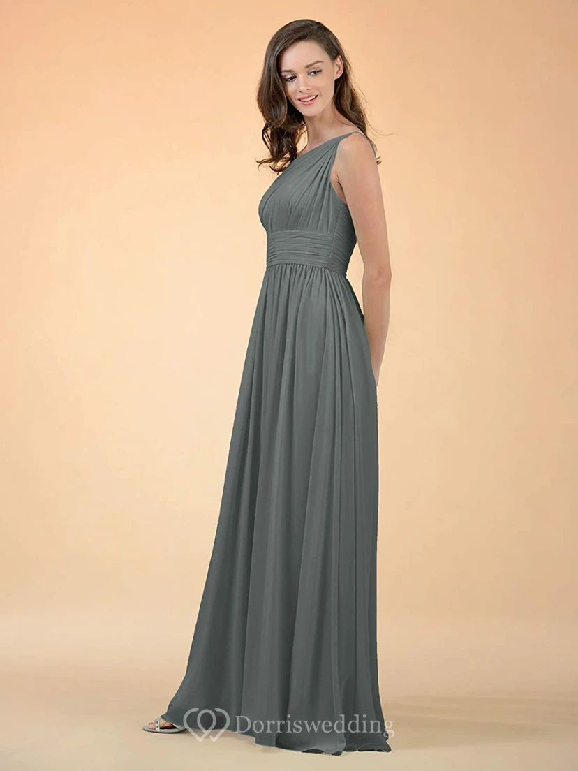 Simple One-shoulder A Line Sleeveless Floor-length Chiffon Bridesmaid Dress With Ruching view 3