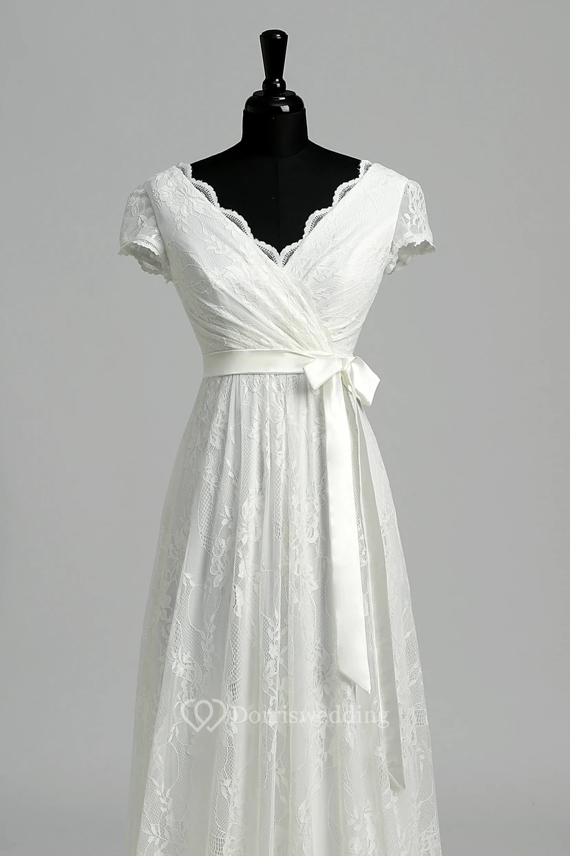 A Line Garden Cap Short Sleeve Wedding Dress view 5
