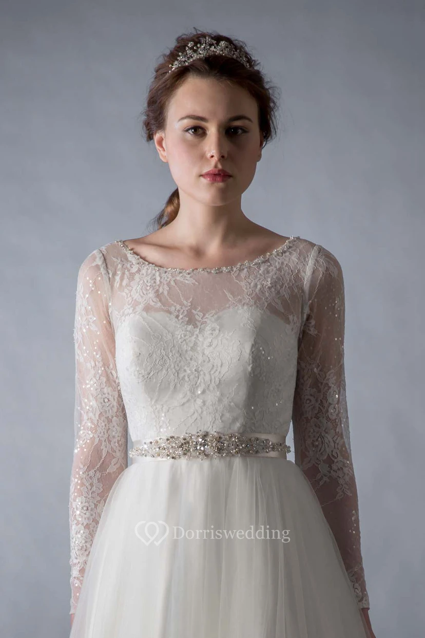 A-Line Lace Scoop Neck Long Sleeve Tulle Wedding Dress view 3