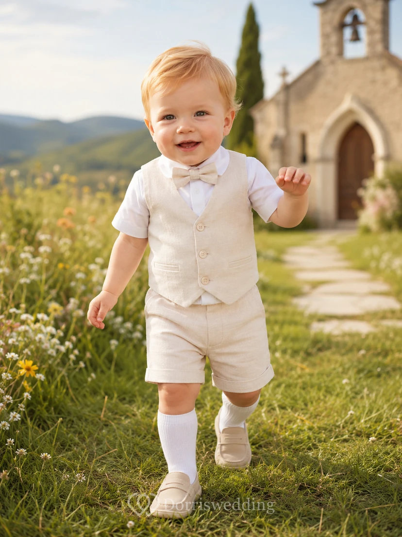 Landhausstil Elfenbein Kurzarm-Knopfweste Baby-Tauf-Shorts-Set