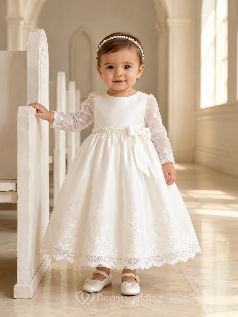 Pearl Waist Baby Christening A-Line Long Sleeve Tea-Length Dress Modest Elegant Adorable Tulle