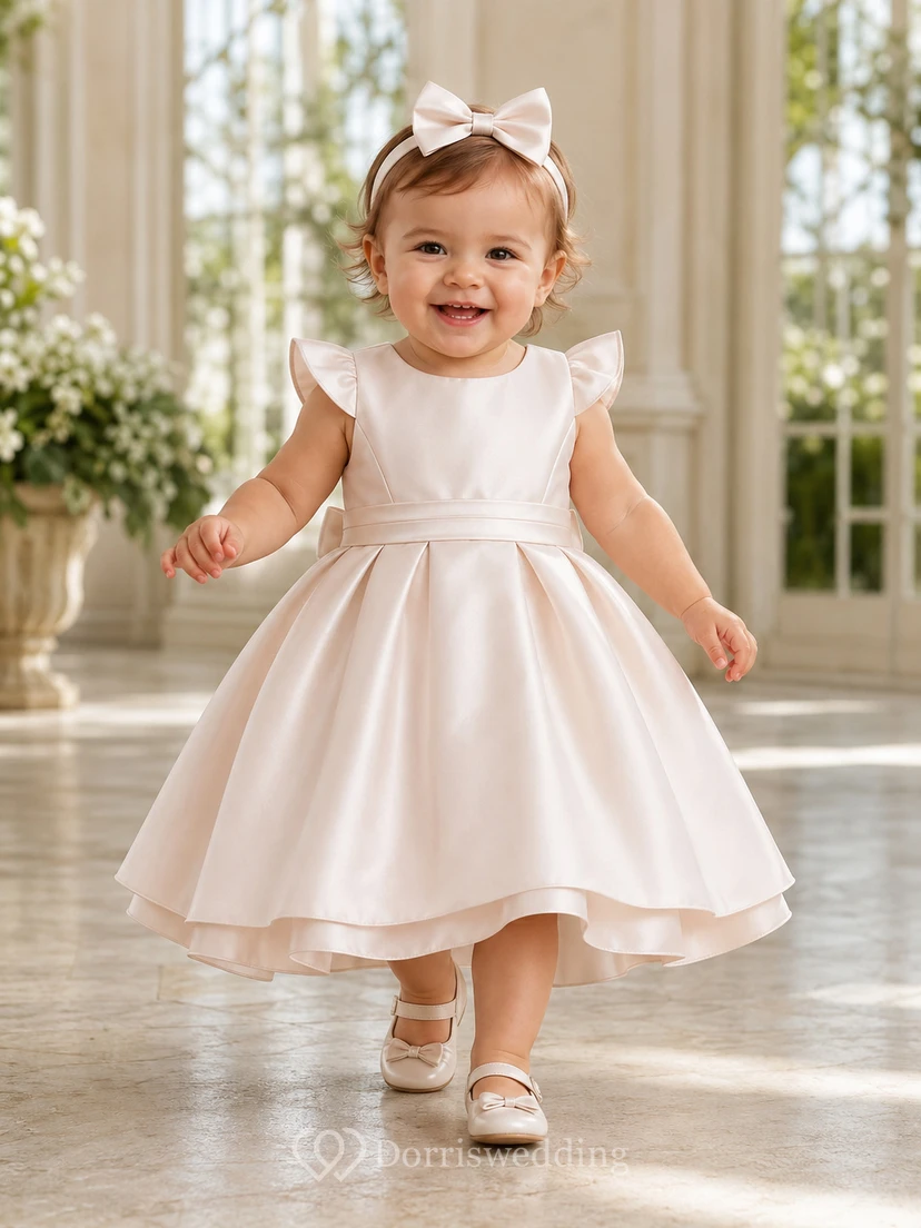 Blush Satin Baptism Dress A-Line Jewel Neck Sleeveless Bow Back