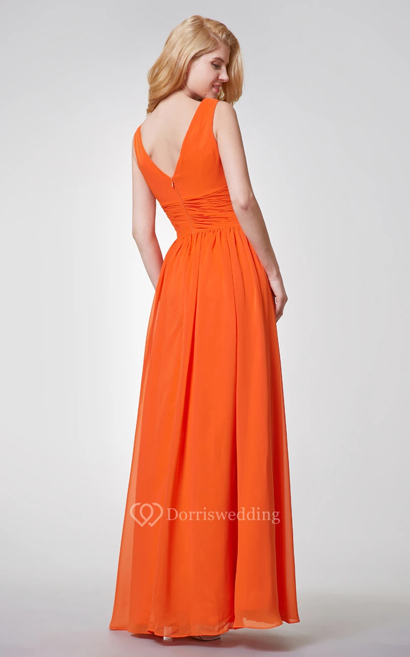 V-neck Pleated A-line Long Chiffon Dress With Ruched Waist view 4