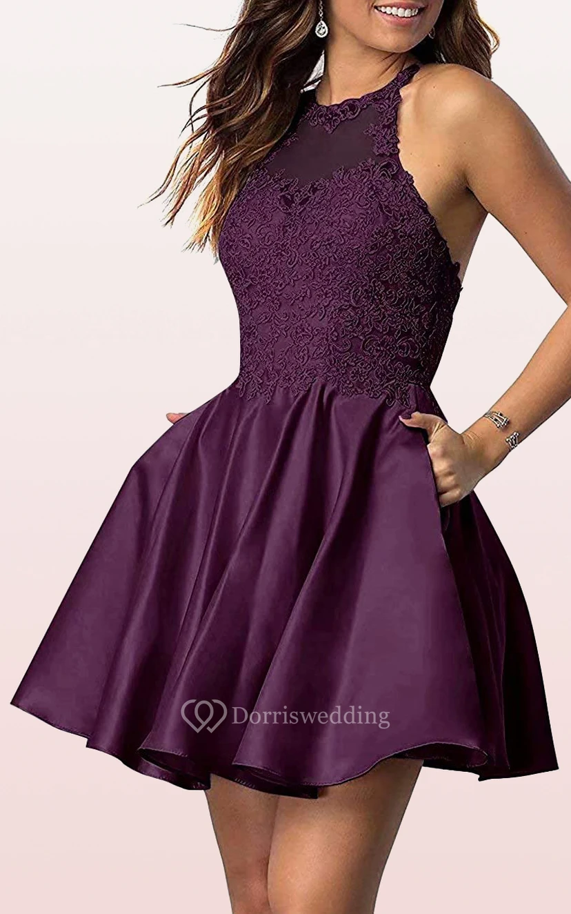 Robe de bal simple mini trapèze sans manches en satin et dentelle avec appliques view 14