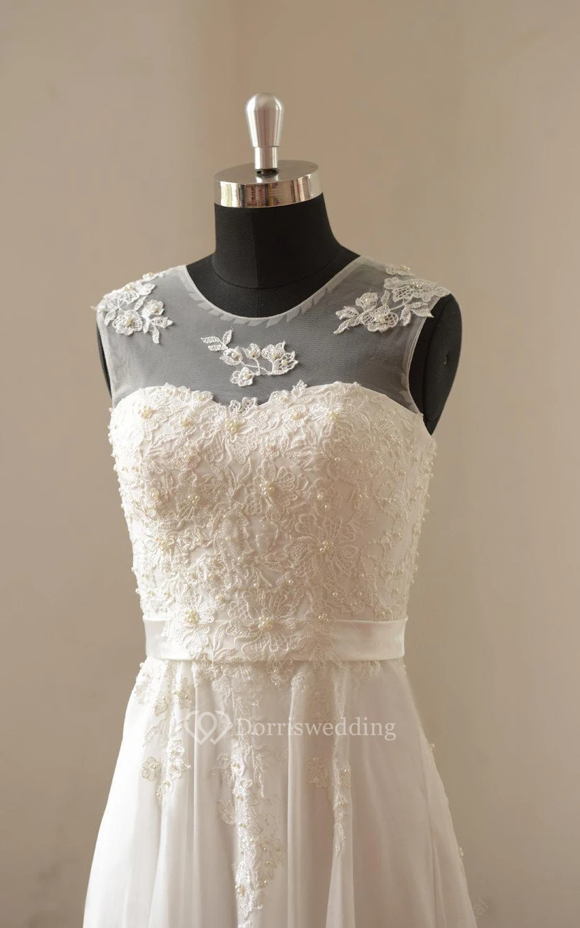 Ärmelloses, kurzes Brautkleid aus Chiffon mit Rundhalsausschnitt, A-Linie und Falten sowie Spitzenoberteil view 2