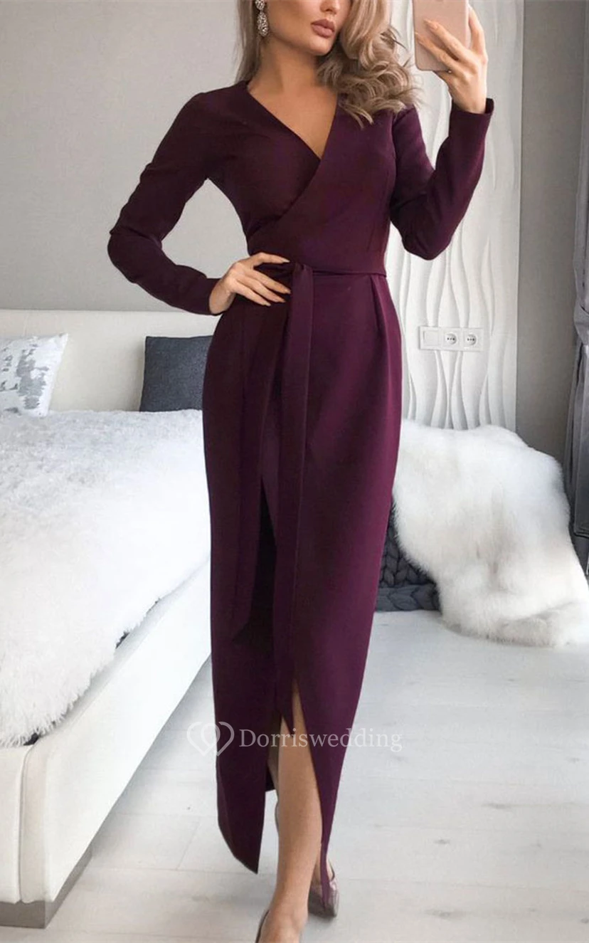 Ankle-length Satin Sheath V-neck Prom Dress with Sash view 3