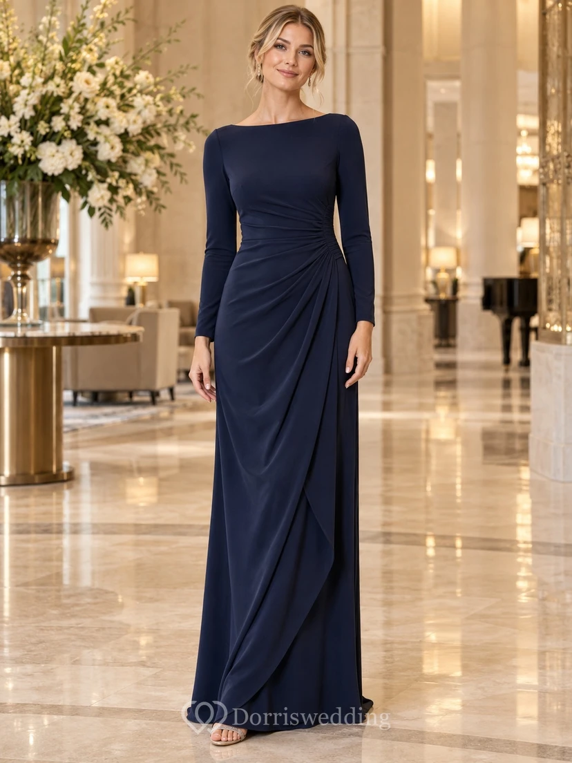 Vestido de noche formal de corte barco, manga larga, drapeado lateral, azul marino oscuro, estilo tubo, corte modesto, largo hasta el suelo.
