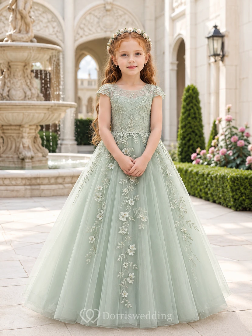Sage Flower Girl Dress with Illusion Scoop Neck, Lace Cap Sleeves, Floral Embroidered Floor-Length Tulle Ball Gown and Button Back