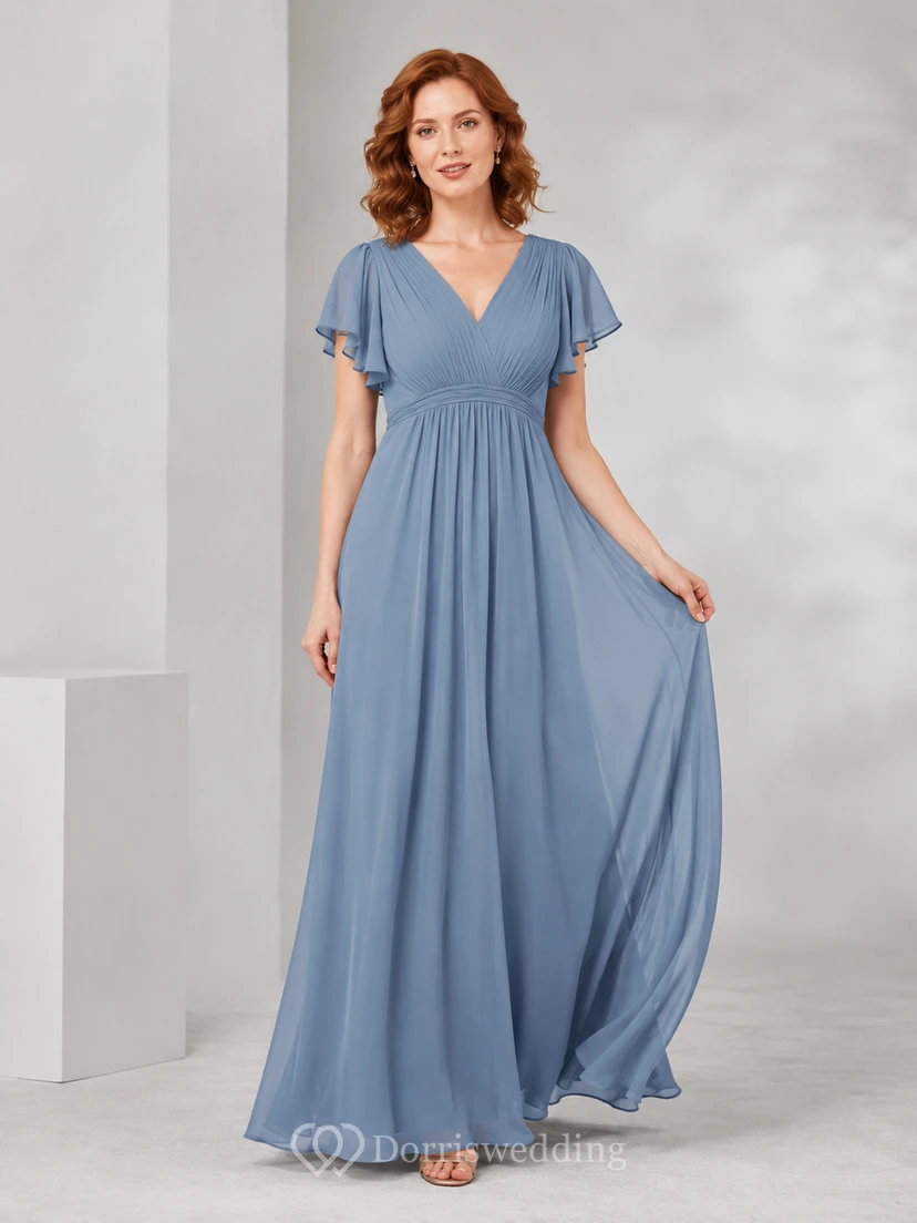 Stahlblaues Chiffon-Abendkleid mit V-Ausschnitt und flatternden Ärmeln