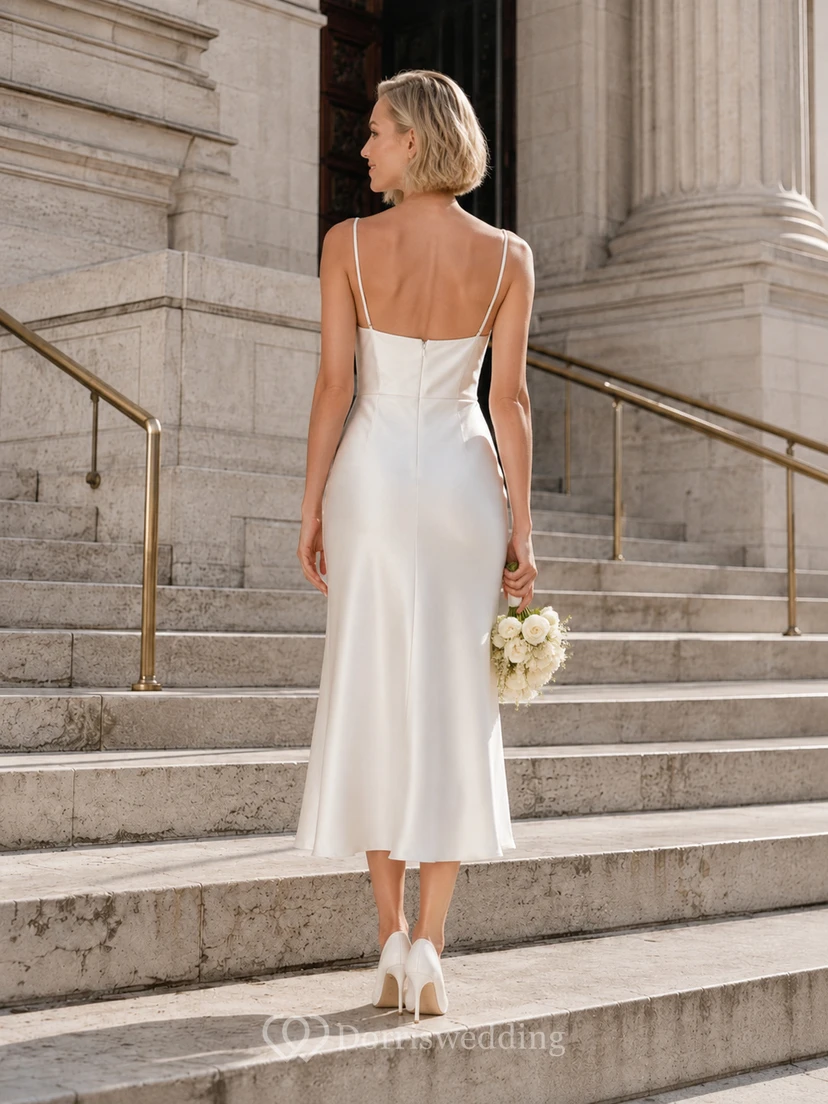 Vestido de novia midi de satén con tirantes finos para juzgado. view 2