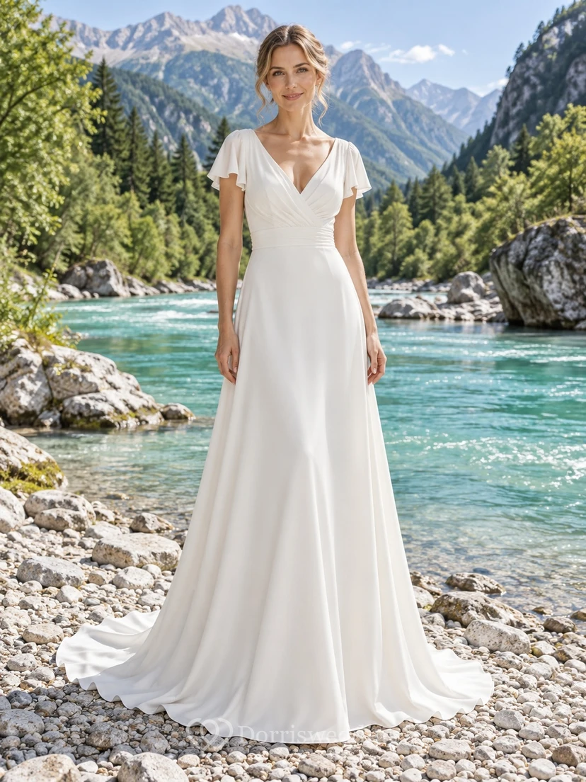 Vestido de novia sencillo de corte A con escote en V, espalda de satén, crepé, mangas cortas y cola.