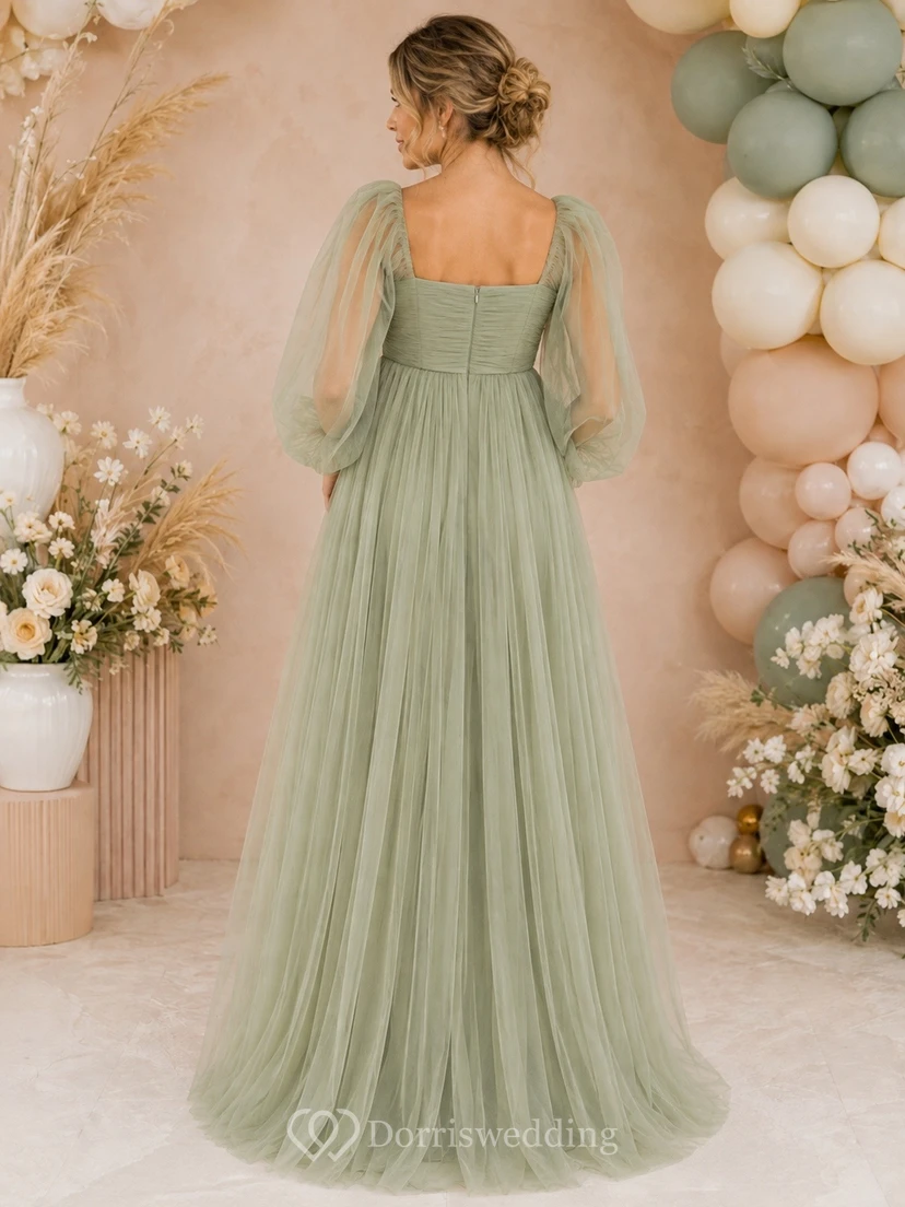 Vestido elegante de tul hasta el suelo, estilo imperio, con cuello cuadrado y mangas abullonadas, de Sage Maternity. view 2