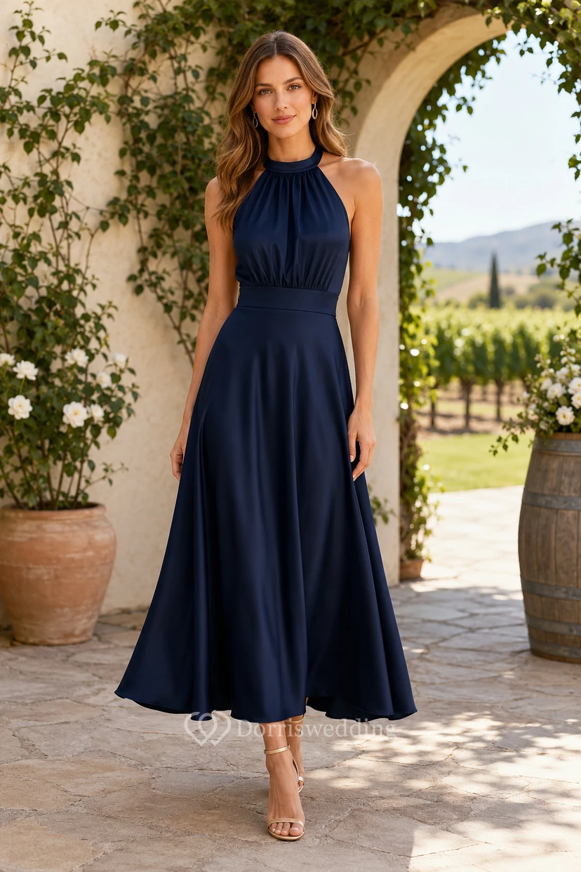 Wedding Guest Dress Dark Navy Satin A-Line Halter Sleeveless Tea Length
