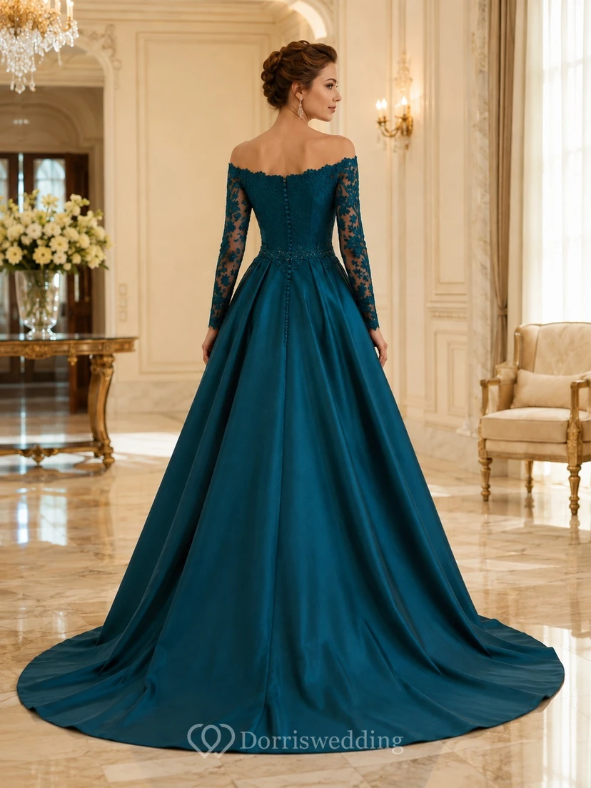 Dunkeltürkisfarbenes, schulterfreies Ballkleid aus Spitze und Satin mit langen Ärmeln – Brautkleid view 2