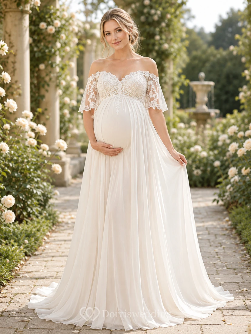 Maternity Wedding Dress Off-the-Shoulder Lace Sleeve A-Line Garden Bridal Gown