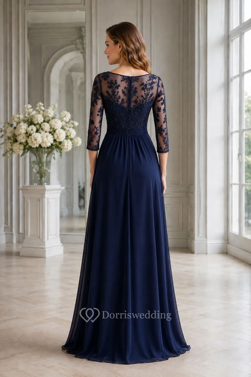 Robe de mère grande taille en dentelle illusion bleu marine foncé, manches 3/4, coupe trapèze view 2