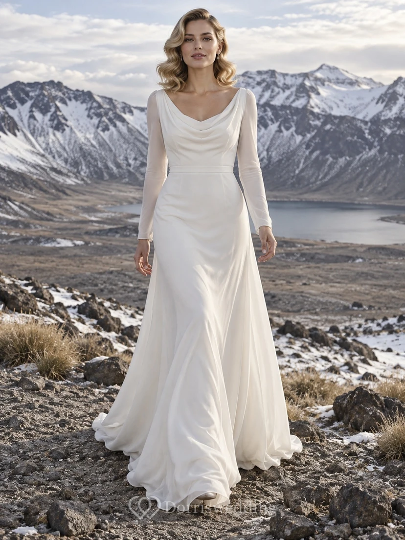 Vestido de novia sencillo de georgette con cuello drapeado y manga larga, con cola fluida en línea A.