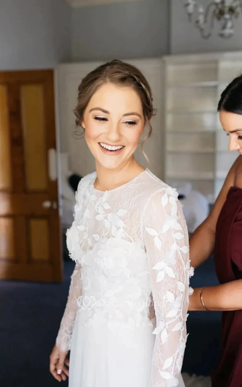 Schlichtes, langärmeliges Chiffon-Hochzeitskleid mit U-Boot-Ausschnitt und vorderem Schlitz view 4