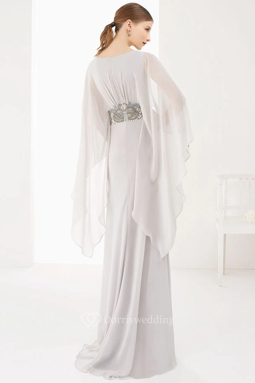 V-Neck Sheath Long Prom Dress With High Low Batwing Sleeves And Beaded Waist view 2