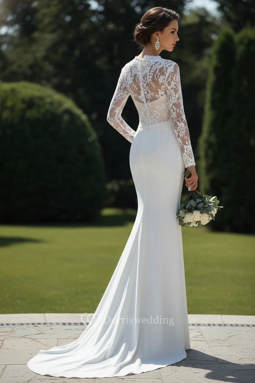 Elegantes Meerjungfrauen-Hochzeitskleid aus Spitze – Langärmeliges, geschwungenes V-Ausschnitt-Brautkleid aus Crêpe view 2