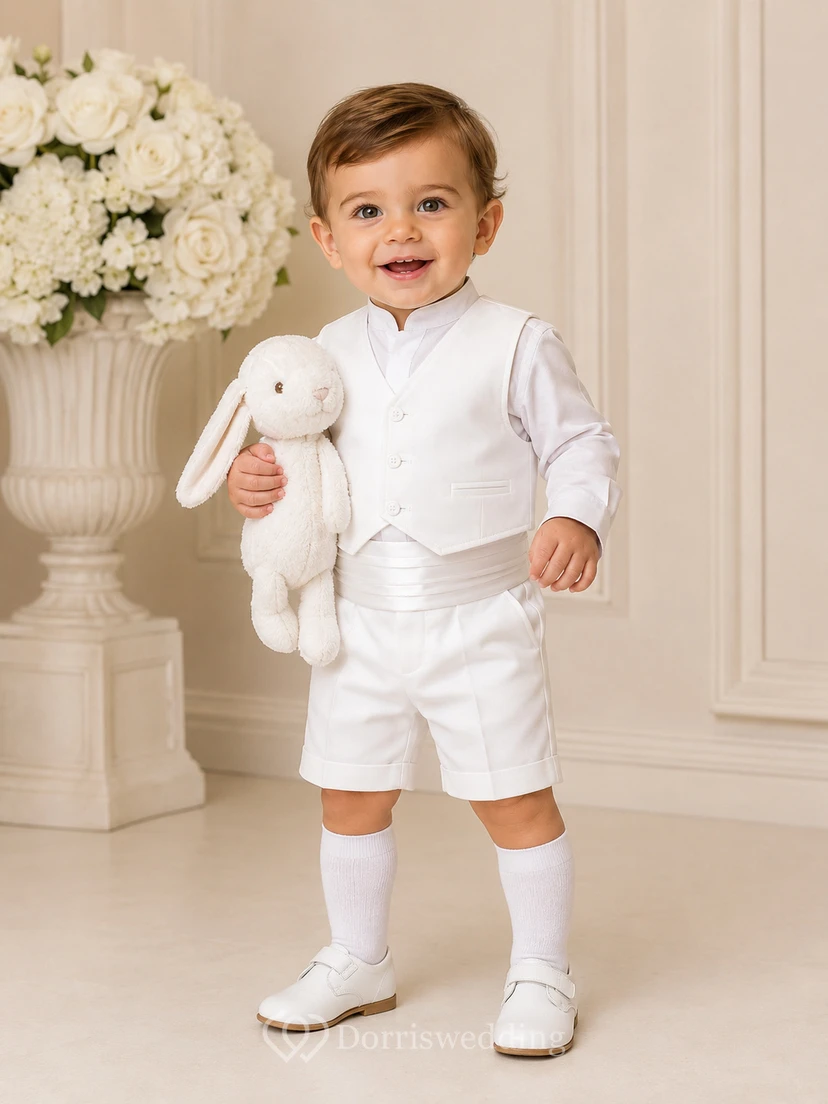White Button Vest Bow Tie Short Formal Christening Set for Baby Boy