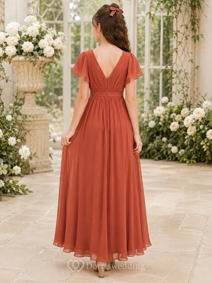 Romantisches orangefarbenes Chiffonkleid mit Glockenärmeln, V-Ausschnitt, A-Linie und bodenlanger Silhouette für junge Brautjungfern view 2