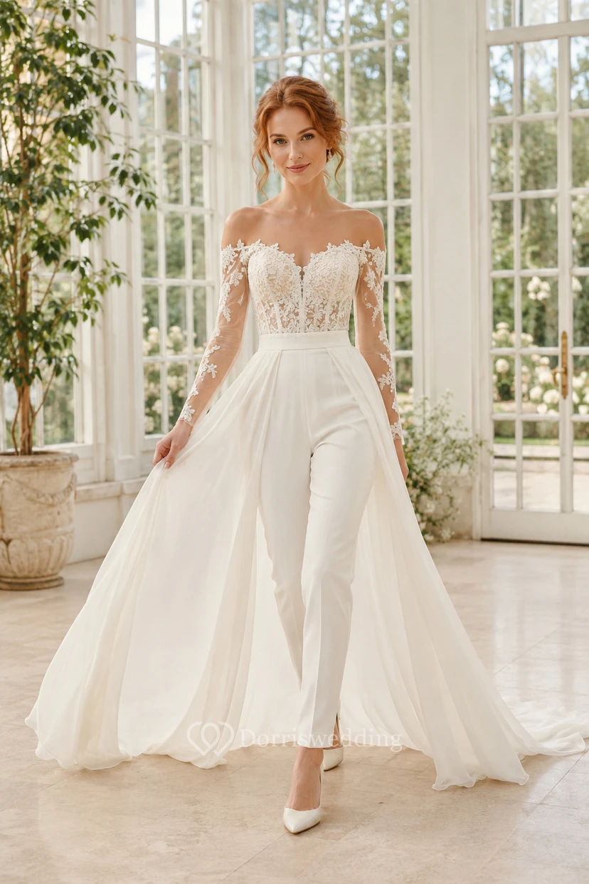 White Off-the-Shoulder Lace Bridal Jumpsuit with Tulle Train