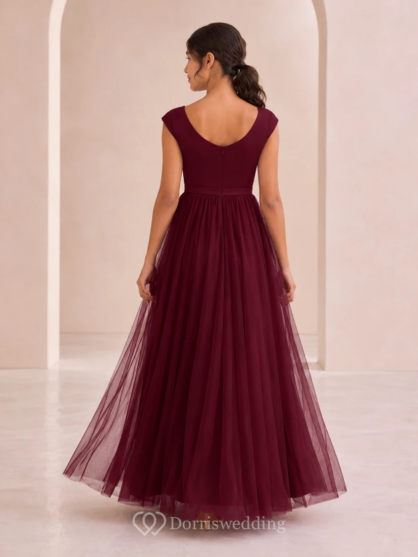 Vestido de dama de honor juvenil Mulberry, corte en A, escote redondo, manga corta, plisado, estilo romántico. view 2