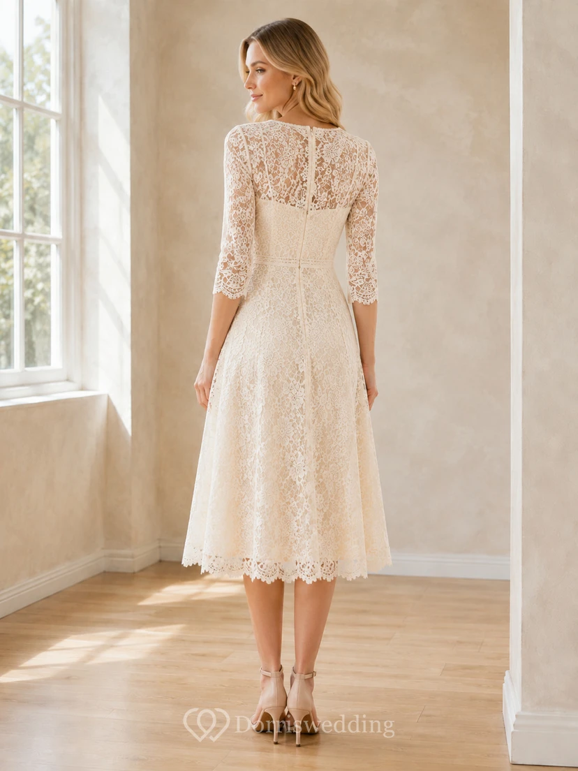 Ivory V-Neck Three-Quarter Lace Sleeve A-Line Tea Guest Dress Garden view 2
