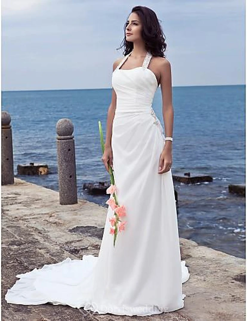 sheath Halter Court Train Chiffon Beach Wedding Dress view 2