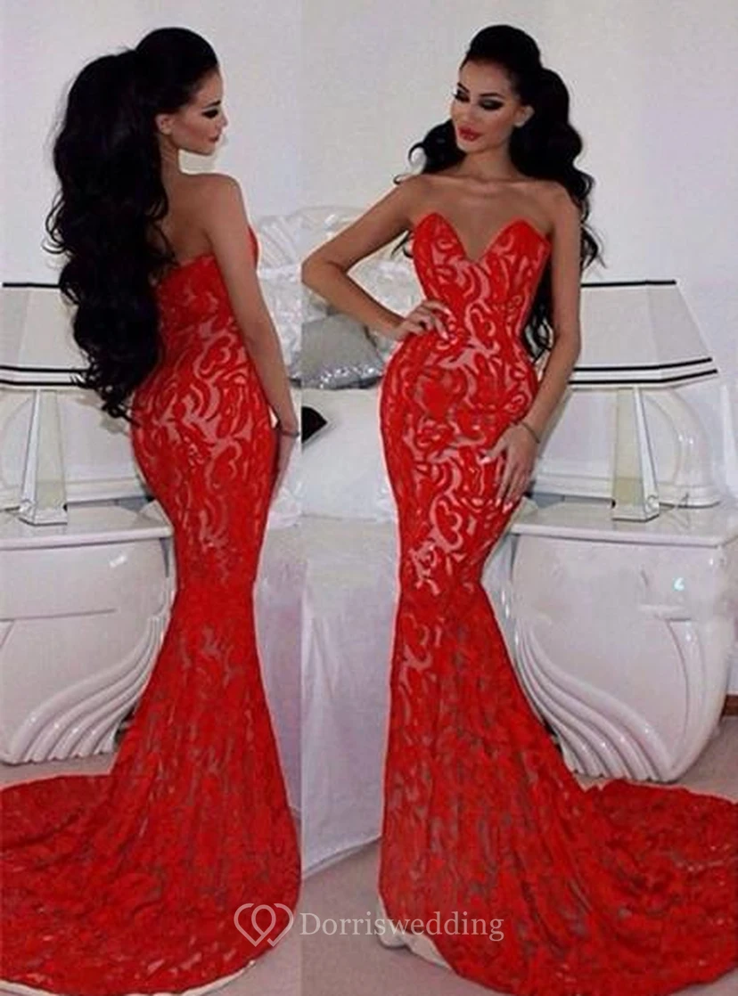 Sexy Red Lace Mermaid Evening Dress Sweetheart Sleeveless Sweep Train