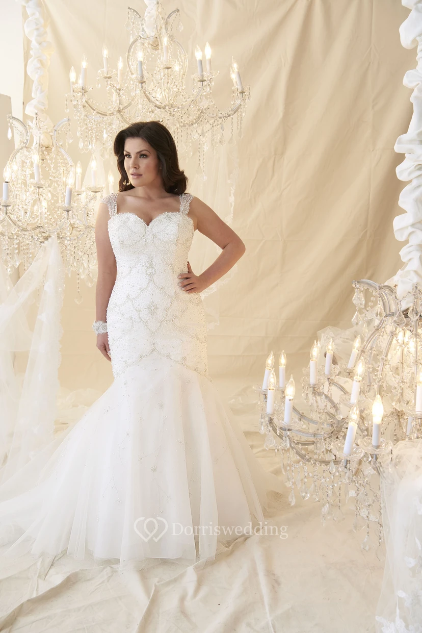 Mermaid Sleeveless Floor-Length Beaded Tulle Plus Size Wedding Dress view 3