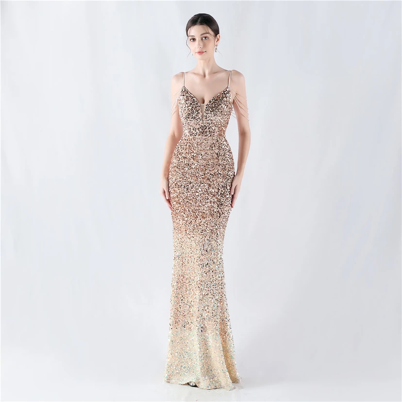 Velvet-Bottom Gradient Sequined Sexy Beaded Suspender Evening Dress view 40